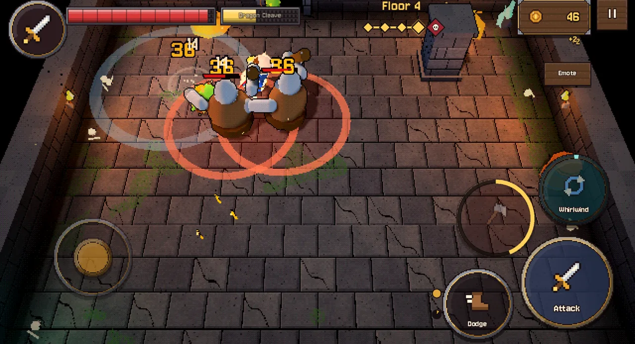 A dungeon room on floor 4: the warrior spins a Whirlwind between two ogres and a goblin